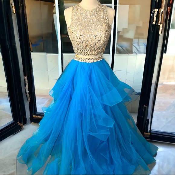 TWO PIECE Mesh Rhinestone Crop Top Prom Dress Full Skirt Blue Sz 12 - Picture 2 of 16